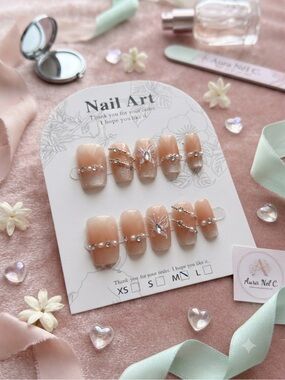 Nude Peach Press-On Nails with Rhinestone Accent